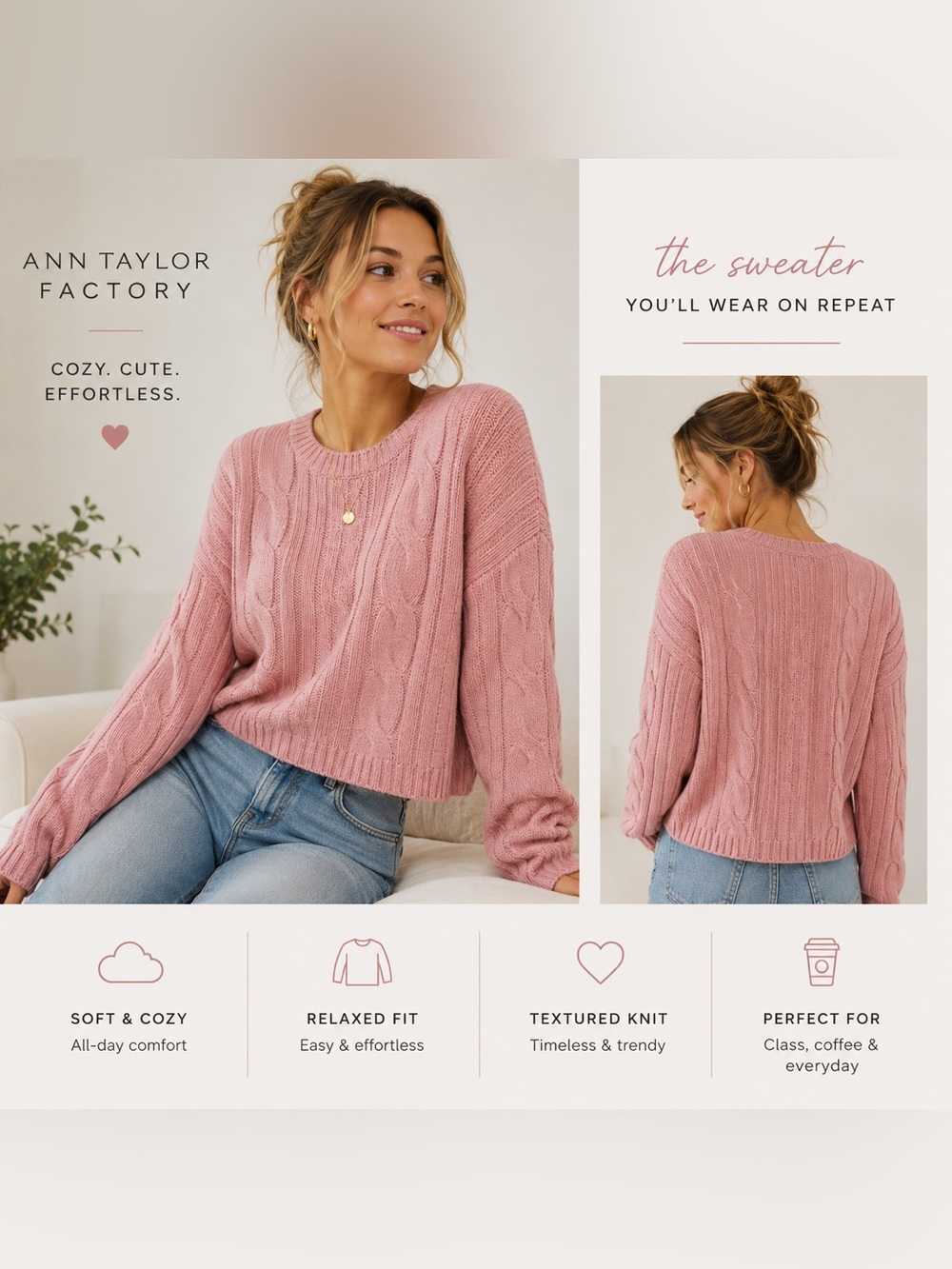 Ann Taylor Factory sz XL Pink Cable Knit Crewneck Sweater